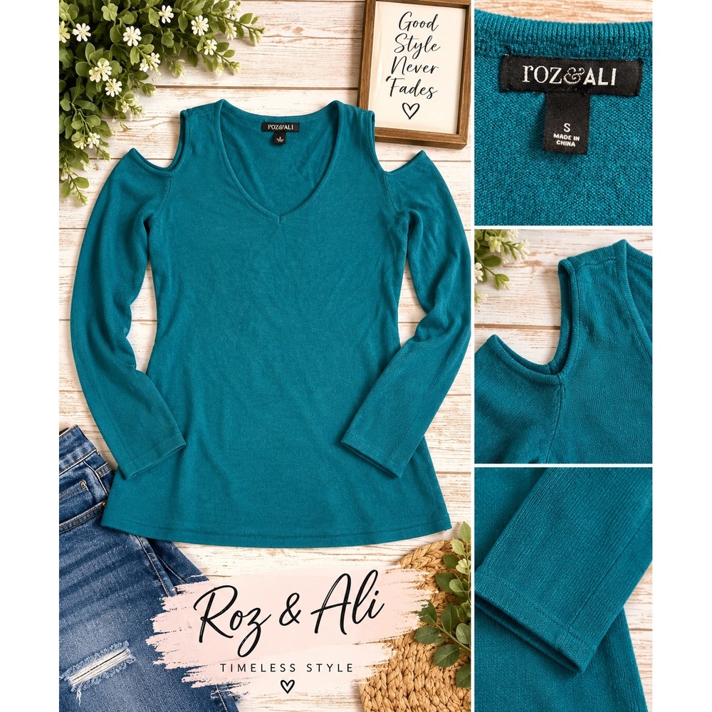 Roz & Ali Womens Teal Blue Cold Shoulder V-Neck Long Sleeve Knit Sweater Small